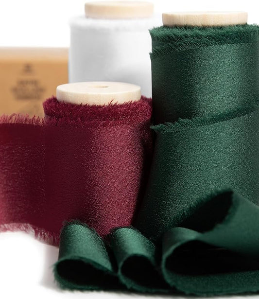 Vitalizart Silk Satin Ribbon 1-1/2 Inch x 15 Yard Christmas Ribbon Wooden Spool Handmade Frayed Ribbons for Gift Wrapping Baby Shower Wedding Bridal Bouquets Holiday Decor