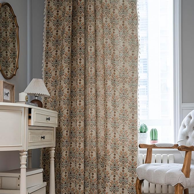 ENJOYBRIDAL Floral Curtains 84 Inch Length 2 Panels Vintage Flower Patterned Drapes Boho Semi Sheer Tassel Rustic Country Rod Pocket Botanical Farmhouse Window Curtain Panels for Bedroom Living Room