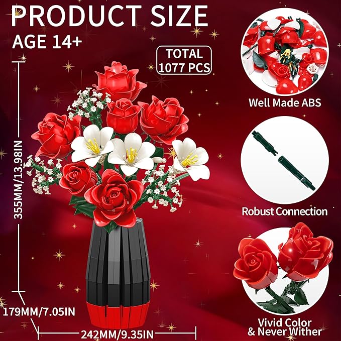 Rose Flower Building Blocks with Vase Set for Adults, Christmas Artificial Flower Bouquet Botanical Collection Bricks Anniversary Birthday Gifts for Her Women Mom Grandma Wife Men Home Decor -1077PCS