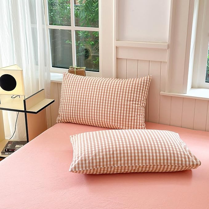 LifeTB Pink Gingham Comforter Set Twin XL Modern Style Pink Plaid Comforter Set Soft Fluffy 3 Pieces Grid Checkered Pattern Comforter with 2 Pillowcases Farmhouse Gingham Bedding Set Twin XL