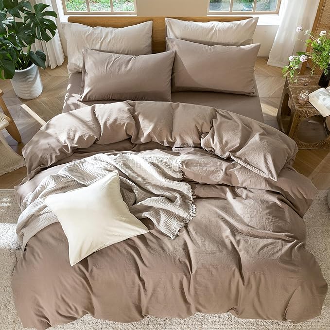 MooMee Bedding Duvet Cover Set 100% Washed Cotton Linen Like Textured Breathable Durable Soft Comfy (Solid Brown, Super Queen 90"x98")