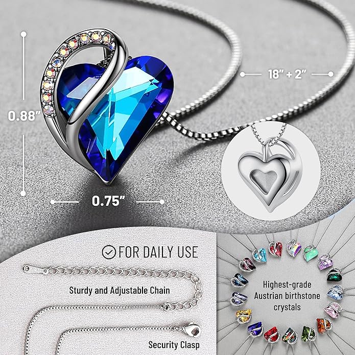 Leafael Necklaces for Women, Infinity Love Birthstone Heart Crystal Pendant, Birthday Jewelry Gifts for Her, Mom, and Wife, Silver Plated, 18 plus 2 inch Adjustable Chain