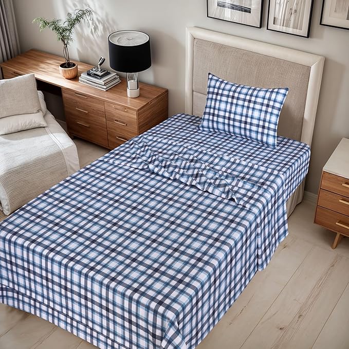 RUVANTI Flannel Sheets Twin Size - 100% Cotton Double Brushed Twin Sheets Set, Deep Pockets 16 Inches, All Seasons Breathable & Extra Soft Bed Sheets, Warm & Cozy, 3 Piece, Gingham Addition