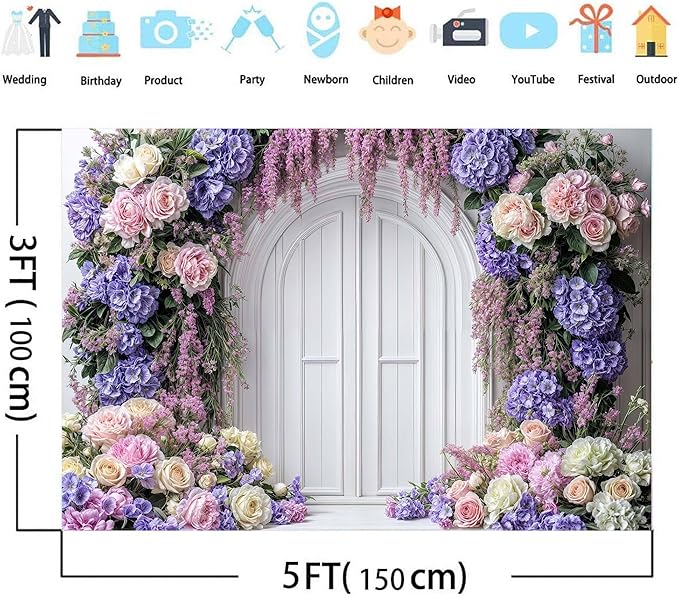 10x6ft Purple Flower Floral Arch Backdrop Background Photography Flower Wall Lavender Backdrop Party Wedding Girls Birthday Princess Mother's Day Bridal Shower Anniversary Banner Decor Studio Photo