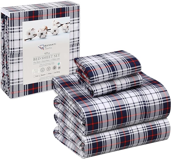 RUVANTI 100% Cotton Sheets Queen Size Set, 4 Pieces, Soft & Breathable Percale Weave Bedding, Deep Pocket 16", Hotel Standard, Crisp Cool Feeling, Durable, Perfect Floral Bed Sheet, Prussian