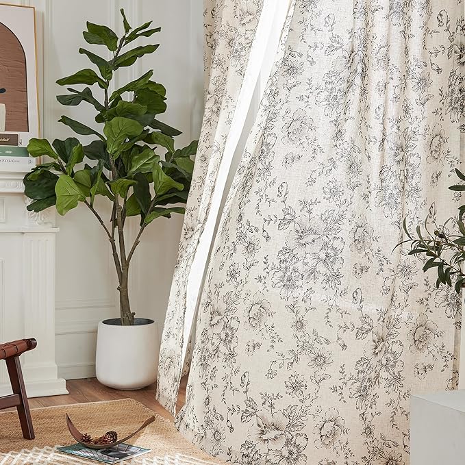 jinchan Pinch Pleated Curtains Floral Linen Blend Curtains for Living Room 84 Inches Length Black Peony Flower Printed Curtain Rod Pocket Back Tab Farmhouse Pinch Pleat Drapes with Hooks Set 2 Panels
