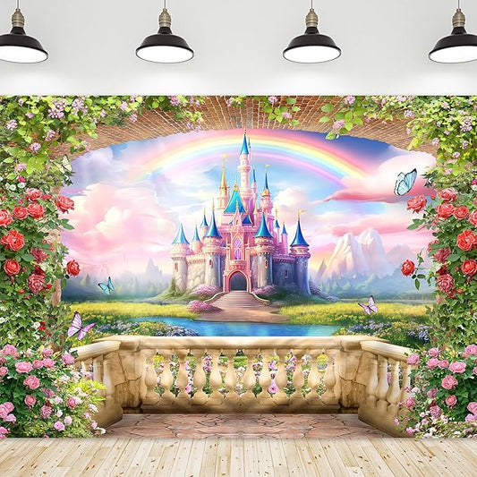 Riyidecor Pink Castle Backdrop Polyester Fabric Princess Flower Blossom Spring Floral Butterfly 7Wx5H Feet Fairy Fantasy Balcony Rainbow Photography Background Birthday Wedding Photo Studio Shoot