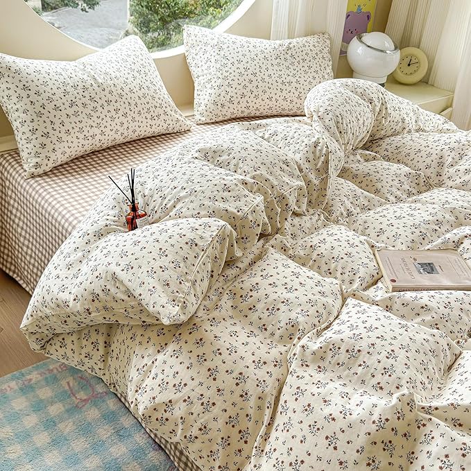 EAVD Garden Style Small Floral Duvet Cover King Size Soft 100% Cotton Muslin Bedding Set with Floral Print Fresh Cottagecore Botanical Pattern Duvet Cover with Zipper Closure