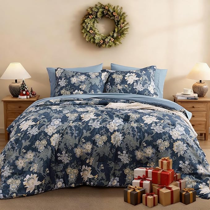 Queen Comforter Set -7 Pieces Floral Navy Blue Comforter Set for All Seasons, Bed in a Bag Queen with Botanical Flowers Comforter, Sheets, Pillowcases & Shams