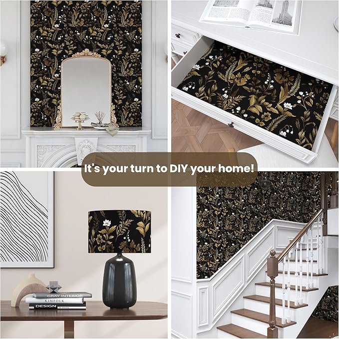 Dark Floral Peel and Stick Wallpaper, Vintage Leaf Pattern Black Gold Self Adhesive Removable Wallpaper for Bedroom Cabinet Kitchen, Vinyl Modern Contact Paper Retro Black Gold 17.5In x 118In