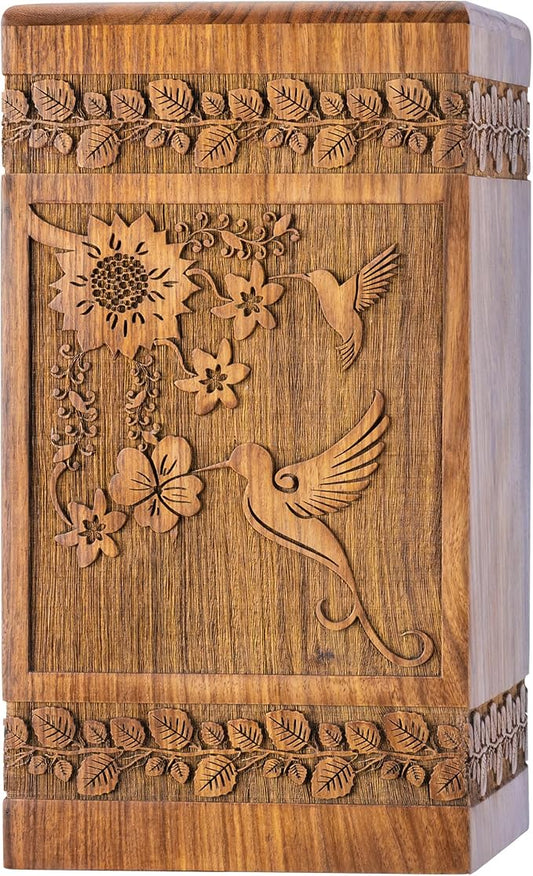 INTAJ Handcarved Rosewood Hummingbird Urn for Human Ashes Adult Male Female - Floral Carving 250 lbs Capacity - Wooden Cremation Urn Box Suitable for Burial Funeral Decorative Memorial Casket
