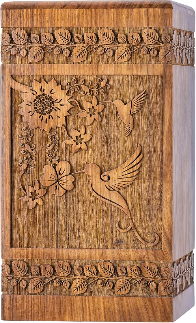 INTAJ Handcarved Rosewood Hummingbird Oversized Urn for Human Ashes - 640 lbs Companion Capacity - Wooden Cremation Urn Box for Burial Funeral Decorative Memorial Casket Floral Carving