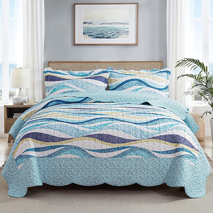 HoneiLife California King Quilt 120x120 - Beach Quilt 3 Pieces, Coastal Quilt Sets, Oversized King Bedspreads, Nautical Bedspreads Ocean Coverlets, Lightweight Bed Cover, Summer Quilts