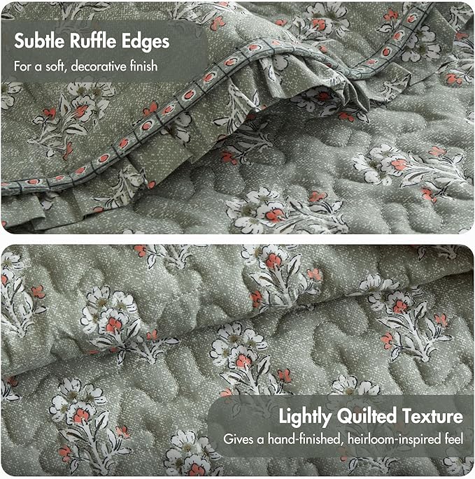 Madison Park Vintage Floral Quilt Set King Size, Reversible Bedding & Lightweight Bedspread Set, Traditional Block Print Coverlets with Ruffled Edge, 3-Piece with 2 Shams, Sage Green