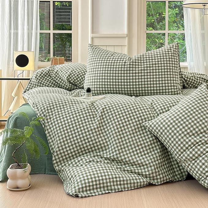 LifeTB Green Gingham Comforter Set California King Modern Style Green Plaid Grid Comforter with 2 Pillowcases Soft Fluffy Checkered Pattern Comforter Farmhouse Gingham Bedding Set Breathable