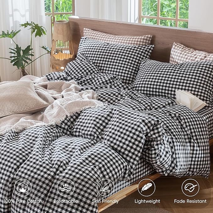MooMee Gingham Duvet Cover Set 100% Washed Cotton Linen Like Textured Breathable Durable Soft Comfy Modern Checkered Design (Black White Gingham, Super King 108"x98")