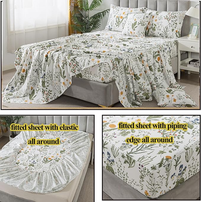 FADFAY 100% Egyptian Cotton Sheets Twin Botanical Printed Floral Sheets Yellow Flowers & Leaves Pattern Farmhouse Bedding Soft and Breathable French Country Bedding 4Pcs Deep Pocket Twin Sheet Set