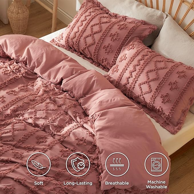 Bedsure Boho Duvet Cover King Size, Soft & Comfortable Elegant Design Boho Bedding for Decoration, Machine Washable Comforter Cover for All Seasons,Includes 1 Duvet Cover & 2 Pillow Shams,Pink