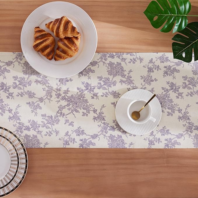 100% Cotton French Pastoral Table Runners, 13x72 Inch Purple Farmhouse Table Runners 72 Inches Long, Vintage Flowers Print Home Decors