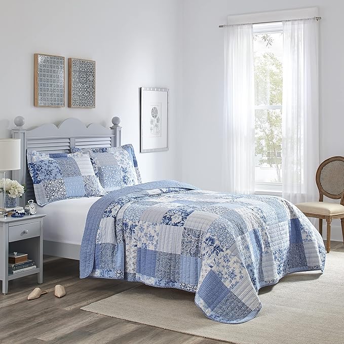 Laura Ashley - King Quilt Set, Reversible Cotton Bedding with Matching Shams, Farmhouse Inspired Home Decor (Paisley Printed Patchwork Blue, King)