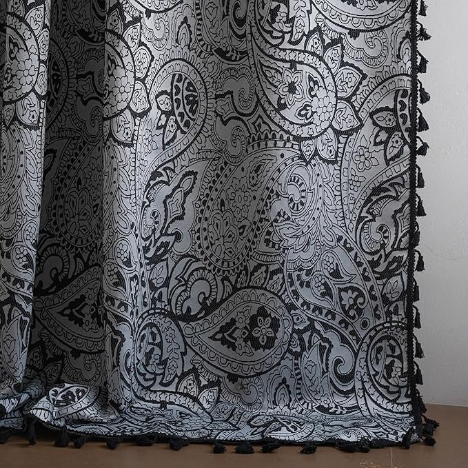 ENJOYBRIDAL Black Paisley 63 Inch Curtains for Bedroom Semi Sheer Drapes Light Filtering Boho Rod Pocket Short Window Curtains 2 Panel Sets Living Room Farmhouse Printed Jacquard Window Treatments
