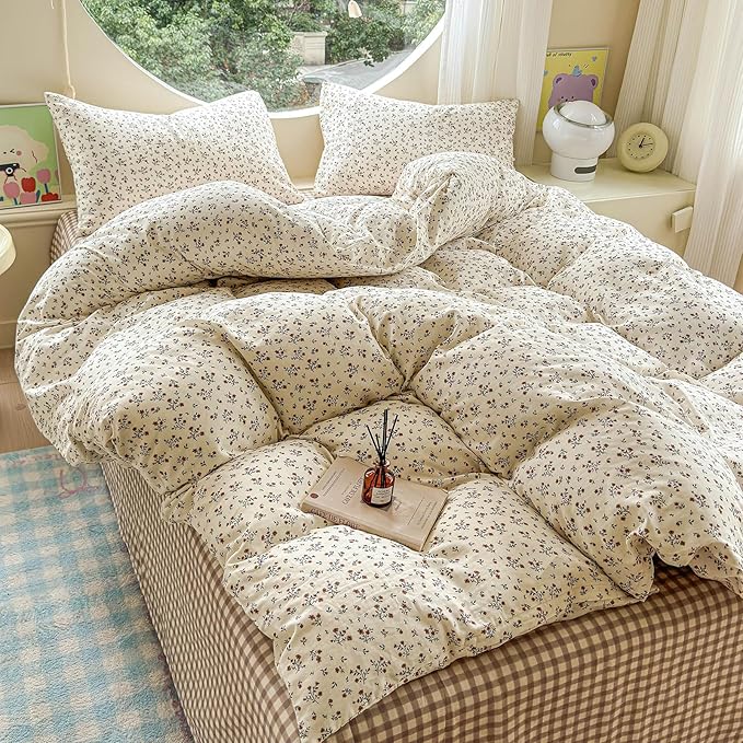 EAVD Garden Style Small Floral Duvet Cover Twin Size Soft 100% Cotton Muslin Bedding Set with Floral Print Fresh Cottagecore Botanical Pattern Duvet Cover with Zipper Closure