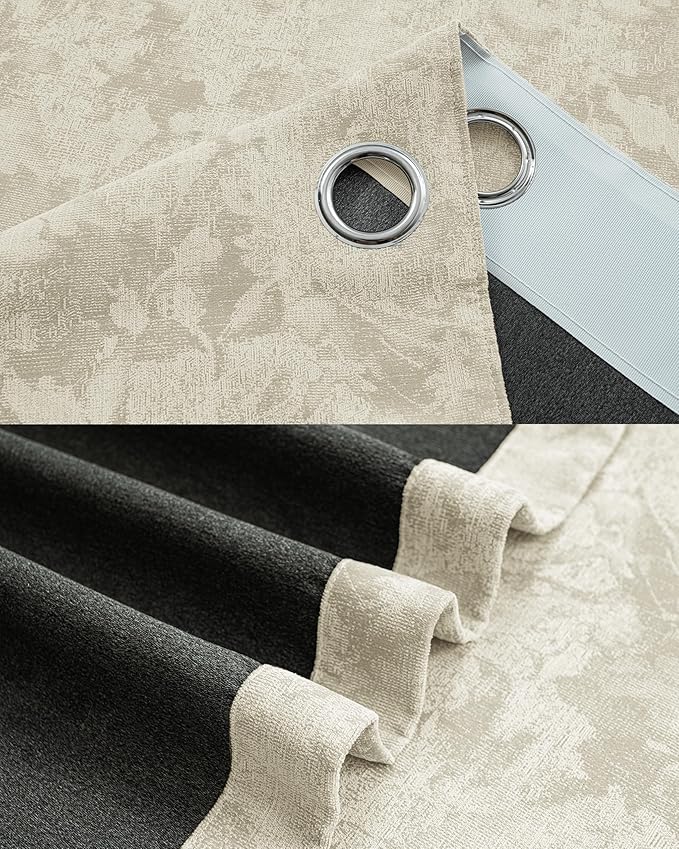 Chenille Floral Blackout Curtains 96 Inch Length 2 Panels Set - Bedroom Living Room Darkening Thermal Insulated Black Out Window Treatments Grommet Jacquard Drapes 52 Inch Wide Beige