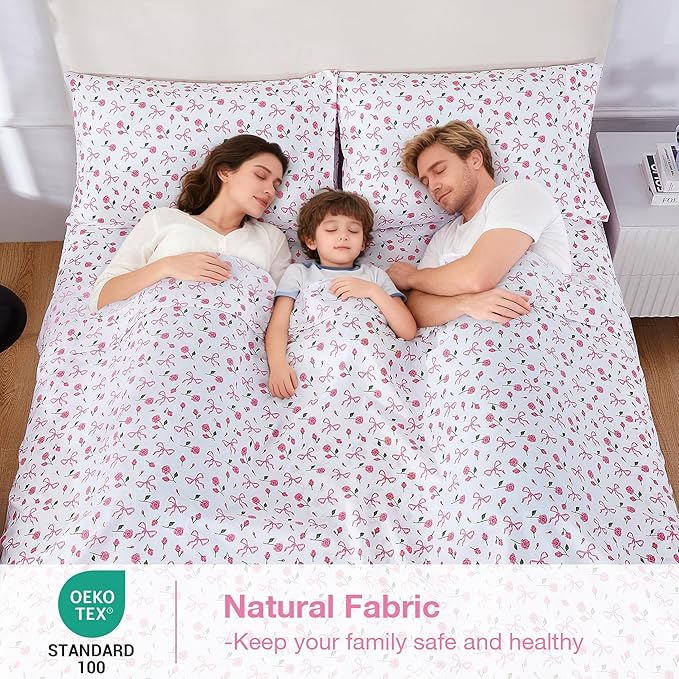Softan Pink Floral Full Bed Sheets, Cozy Microfiber Flower Printed Sheets with 15" Deep Pocket Fitted Sheet & Non-Slip Straps, Patterned Pink Rose - Bow Sheets & Pillowcase Set