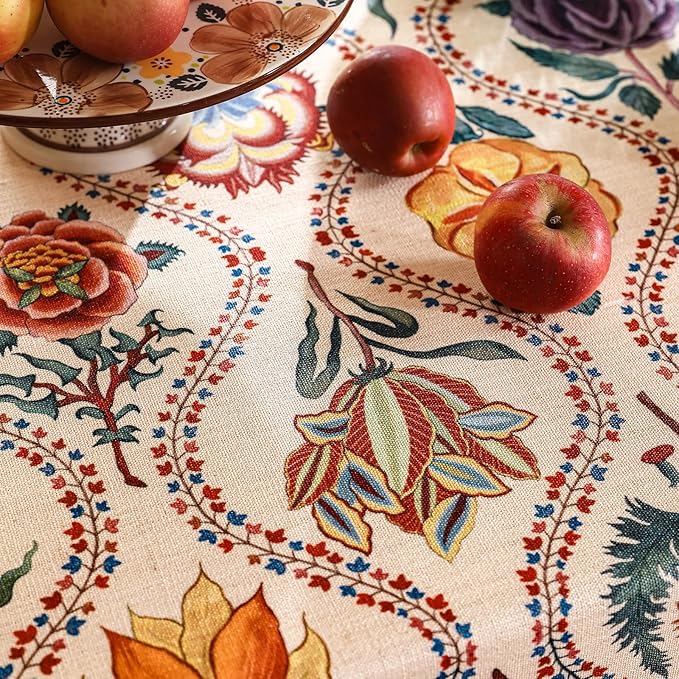 Vintage French Rectangular Tablecloth,Linen Extra Long Tablecloth with Rose and Cornflower Pattern,Decor Table Cover for Kitchen,Dining,Thanksgiving,Tea Party,63" × 110"-Lanae