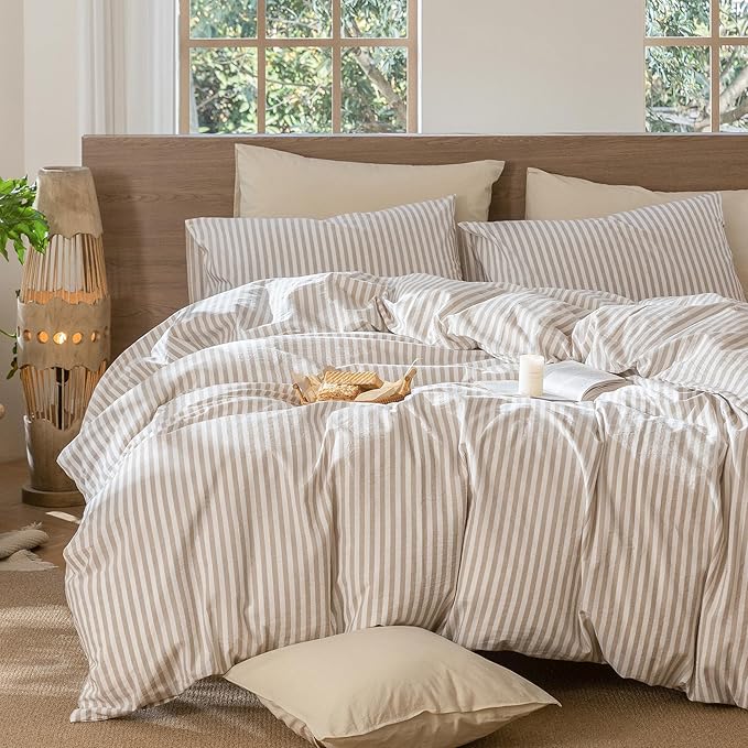 MooMee Striped Duvet Cover Set 100% Washed Cotton Linen Like Textured Breathable Durable Soft Comfy (Tannish Linen Grey White Classic Stripes, Super Queen 90"x98")