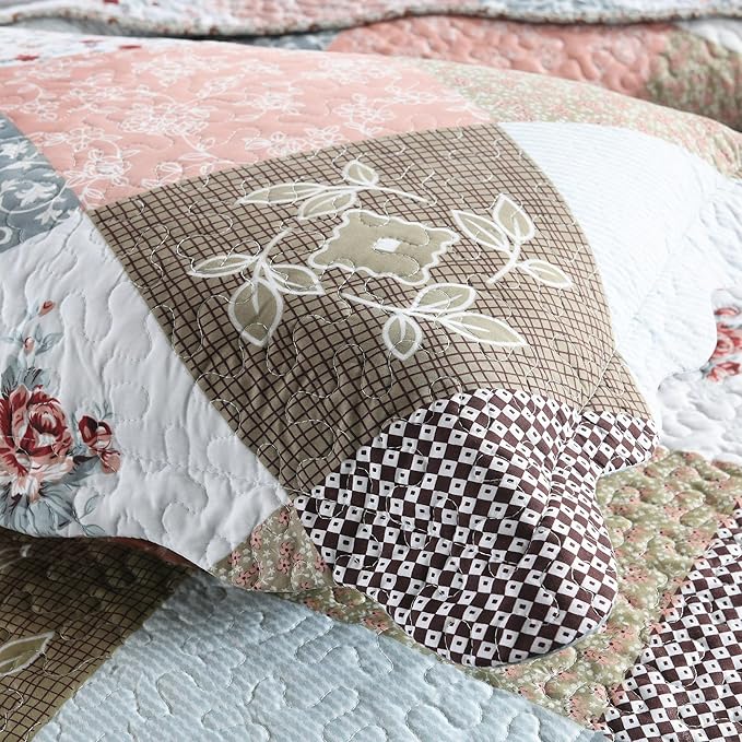 HoneiLife Quilt Set Queen Size - 3 Piece Microfiber Quilts Reversible Bedspreads Patchwork Coverlets Floral Bedding Set All Season Quilts,Mocha Rose-Queen/Full Size