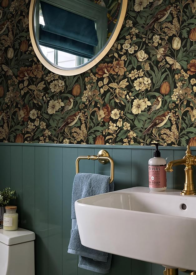 Erfoni 17.3" x 394" Bird Floral Peel and Stick Wallpaper Vintage Contact Paper for Livingroom Floral and Leaf Self Adhesive Wall Paper Retro DIY Removable Decorative Wallpaper Vinyl Roll Dark