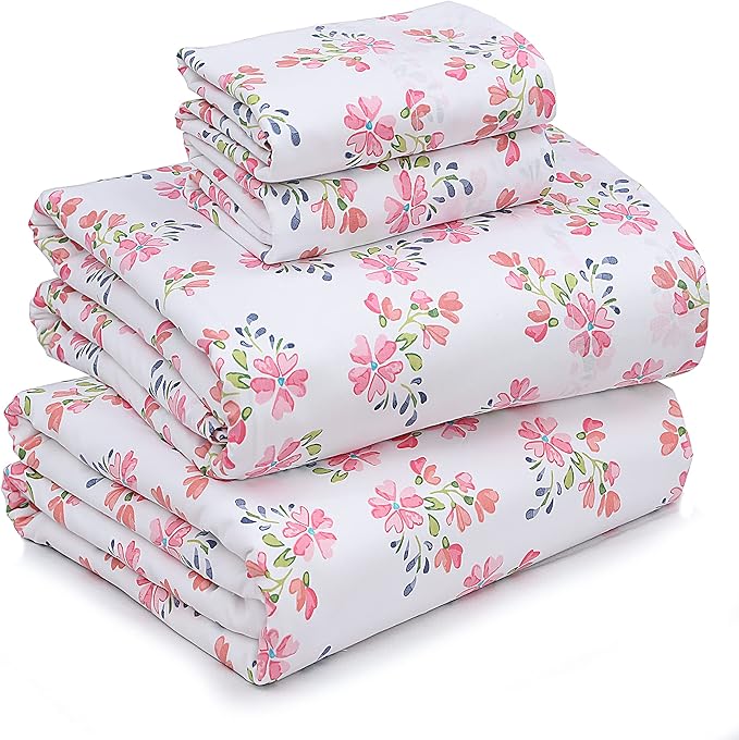 RUVANTI 100% Cotton Sheets Queen Size Set, 4 Pieces, Soft & Breathable Percale Weave Bedding, Deep Pocket 16", Hotel Standard, Crisp Cool Feeling, Durable, Perfect Floral Bed Sheet, Bloomex