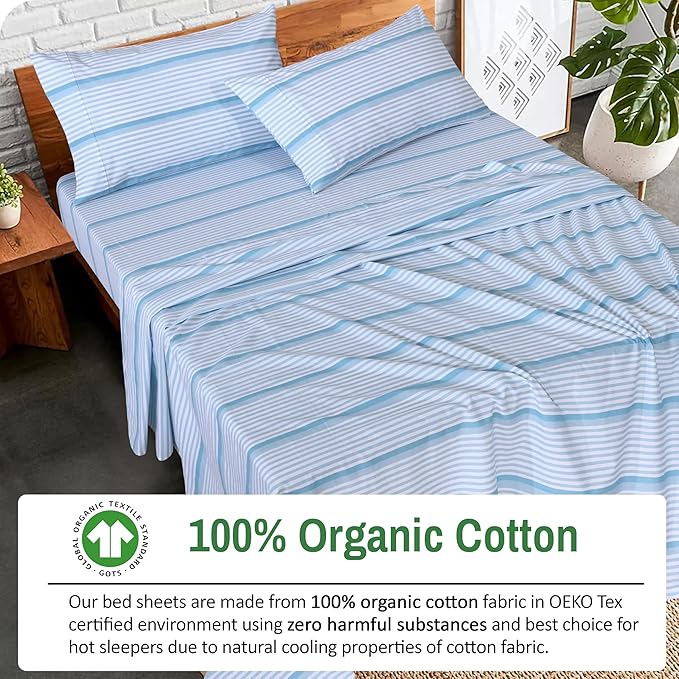 RUVANTI 100% Organic Cotton Sheets Twin XL, Percale Weave, GOTS Certified, 3-Piece Set, Deep Pocket 15", Crisp & Breathable, Soft Durable Bedding, Sábanas Algodón Orgánico – Nautical Stripes