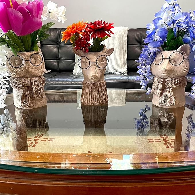 Bespectacled Deer Cement Vase 8.7 Inch - Gold Accents, Knit Scarf, Real Wire Glasses, Whimsical Animal Planter, Distressed Taupe Decorative Vase for Indoor Plants, Unique Gift - Home or Office