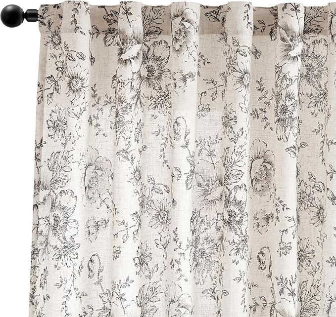 jinchan Linen Blend Curtain Floral Curtains for Living Room 90 Inch Length Black Printed Curtain Rod Pocket Back Tab Farmhouse Peony Flower Patterned Drapes Bedroom Window Curtains Set 2 Panels