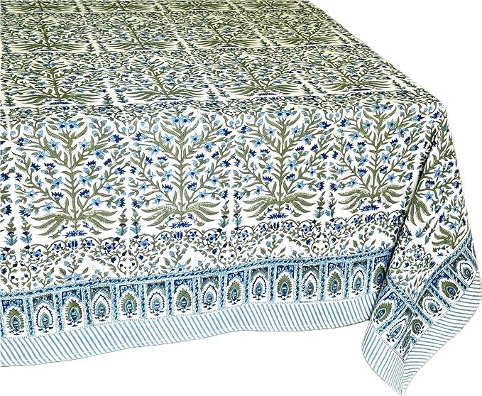 ATOSII Nargis Blue 100% Cotton Rectangle Summer Tablecloth, Indian Block Print Floral Table Cloth I Dining Parties Weddings Outdoors Holidays 60 X 60 Inches 4 Seater I Grandmillennial Farmhouse Boho