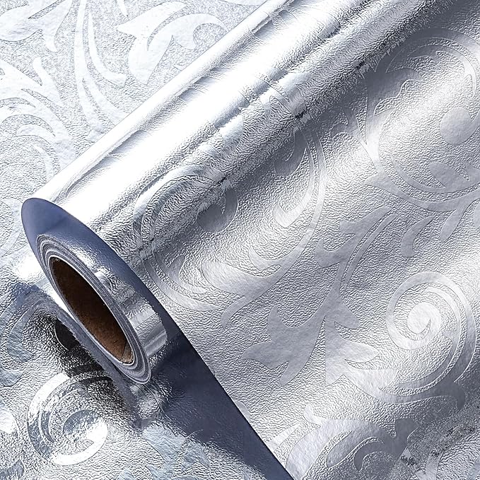 LeZakaa 3D Embossed Floral Foil Gift Wrapping Paper, Vintage Flower Metallic Foil for Birthday Christmas Party Holiday Gift Wrap, for DIY Crafts Scrapbook, Mini Roll 17 inch x 32.8 Ft(Silver)