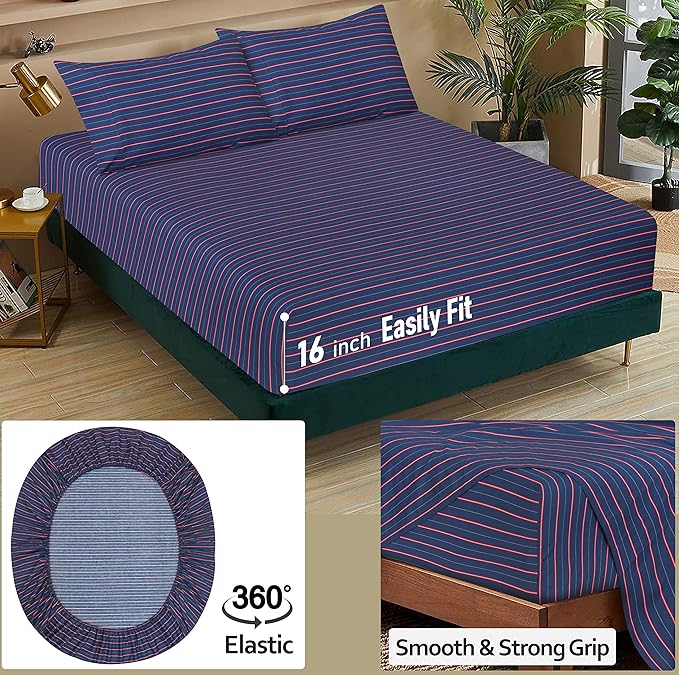 RUVANTI 100% Cotton King Size Sheets Set, 4 Pieces, Soft & Breathable Percale Weave Bedding, Deep Pocket 16", Hotel Standard, Crisp Cool Feel, Durable, Perfect Striped Bed Sheet, Nautical