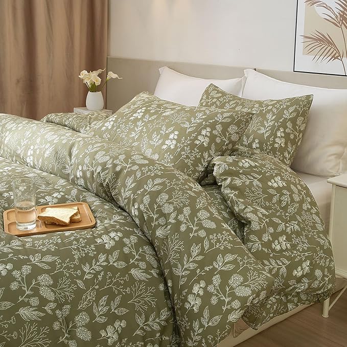 HighBuy Olive Green Comforter Full Size Garden Style Flower Leaves Bedding - Aesthetic Floral Boho Chic Bedding Set - 3 Piece, 1 Comforter + 2 Pillowcases