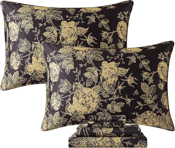 FADFAY Rose Sheets Set Cal King Vintage Black Gold Floral Bedding Shabby Peony Botanical Sheets Farmhouse Bedding 800 Thread Count 100% Egyptian Cotton Deep Pocket Fitted Sheet 4Pcs, California King