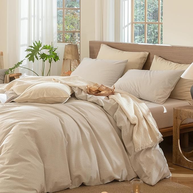 MooMee Striped Duvet Cover Set 100% Washed Cotton Linen Like Textured Breathable Durable Soft Comfy (Tannish Linen Grey White Pinstripes, Oversized Full 82"x86")