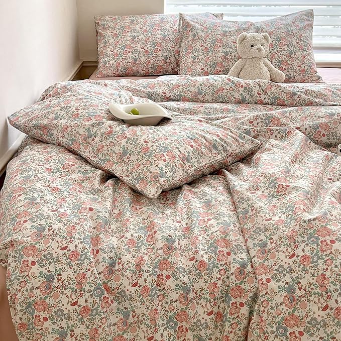 Boho Floral Duvet Cover Twin Soft Cotton Aesthetic Floral Bedding Sets French Style Pink Blue Flower Branches Duvet Cover Chic Shabby Garden Floral Comforter Cover Botanical Twin Size Bedding Sets