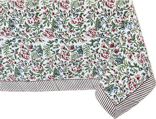 ATOSII Ambrosia 100% Cotton Rectangle Boho Spring Summer Tablecloth, Handblock Floral Table Cloth Linen for Kitchen Dining I Parties Wedding Outdoors Easter I 72 X 120 Inches I 10 Seater