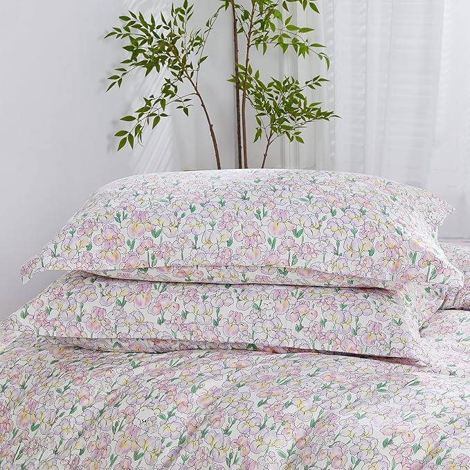 SAPHREAS King Size Pink Iris Floral Duvet Cover Botanical Floral Leaves Pattern Comforter Set Cute Bear Duvet Cover Lightweight Soft Microfiber 3pcs 1 Duvet Cover 2 Pillow Shams