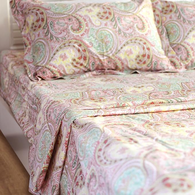 FADFAY 4 Piece Pink Paisley Bed Sheet Set Luxury Bedding Sets Designer Bedding Collections 800 Thread Count 100% Egyptian Cotton Deep Pocket Queen