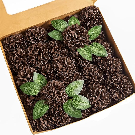 Artificial Flowers, 25pcs Artificial Rose for DIY Bouquets Arrangement, Brown Dahlia Flowers Foam Fake with Stems for Wedding Shower Party Floral Arrangements Tables Home Decorations