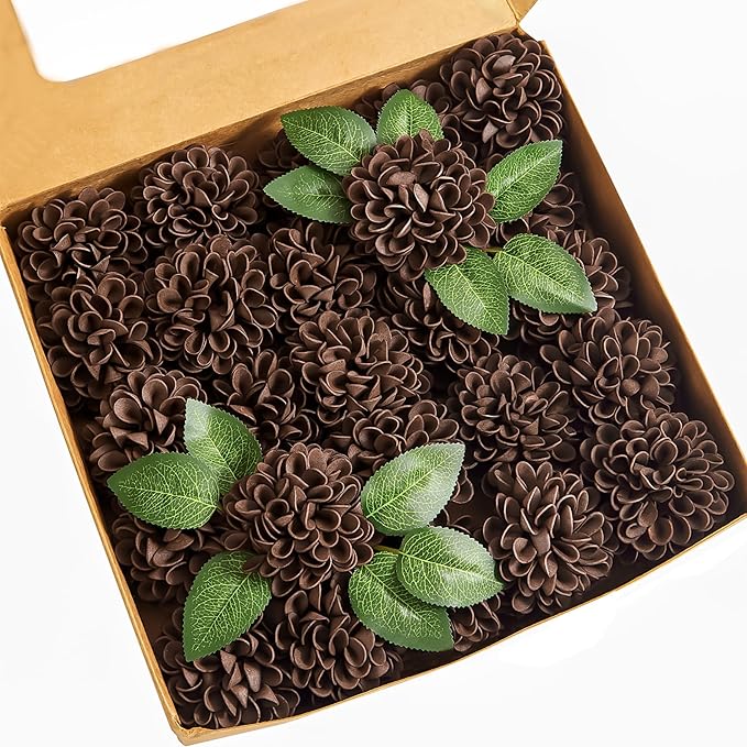 Artificial Flowers, 100pcs Artificial Rose for DIY Bouquets Arrangement, Brown Dahlia Flowers Foam Fake with Stems for Wedding Shower Party Floral Arrangements Tables Home Decorations