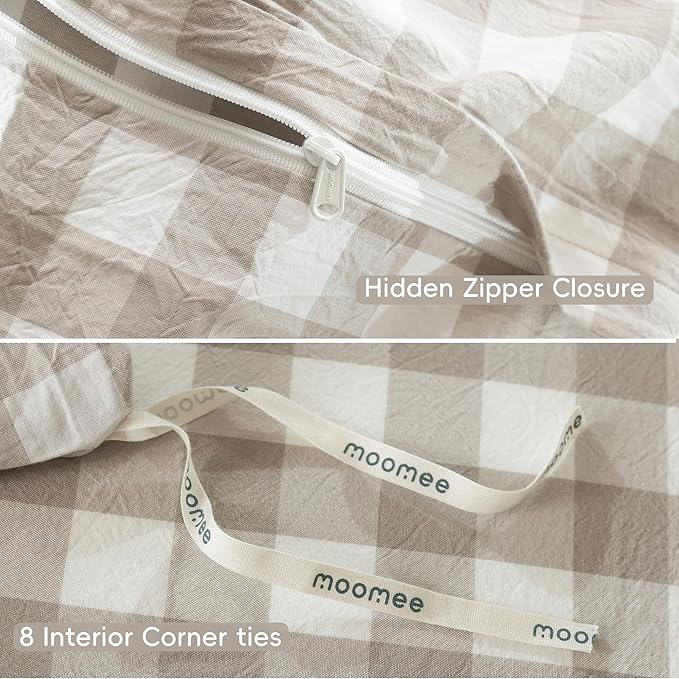 MooMee Gingham Duvet Cover Set 100% Washed Cotton Linen Like Textured Breathable Durable Soft Comfy Modern Checkered Design (Buffalo Plaid Tannish Linen Grey, Palatial King/Oversized King 120"x98")
