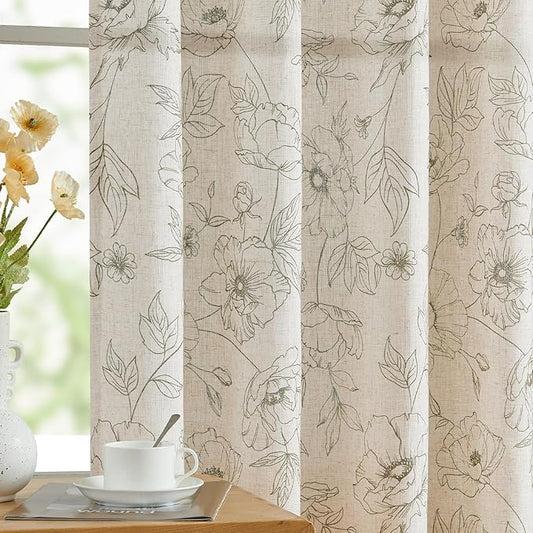 jinchan Floral Linen Curtains for Living Room 84 Inch Length Green Flower Curtain Rod Pocket Back Tab Farmhouse Curtains with Printed Floral Bedroom Window Curtain Set, 2 Panels Green